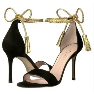 Kate Spade Inez Elegant open toe Black suede and Gold corded Women's Heels sz 9